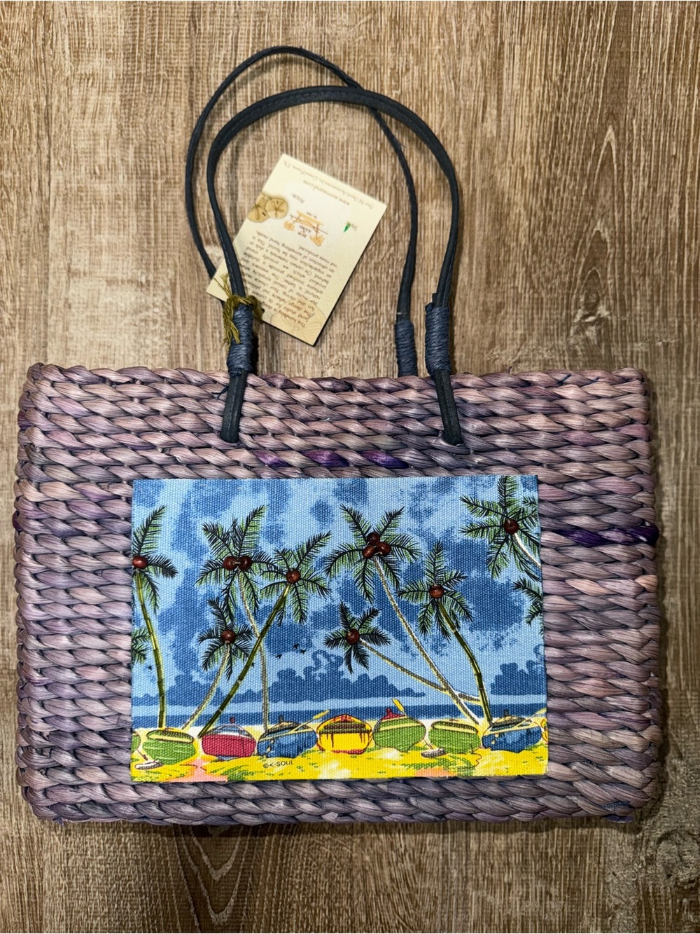 Handwoven Purple Straw Tote Bag with Tropical Print Panel